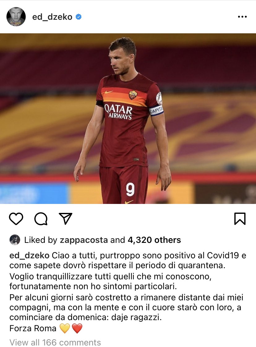 Massive, massive blow for Roma: Edin Dzeko tests positive for COVID-19
