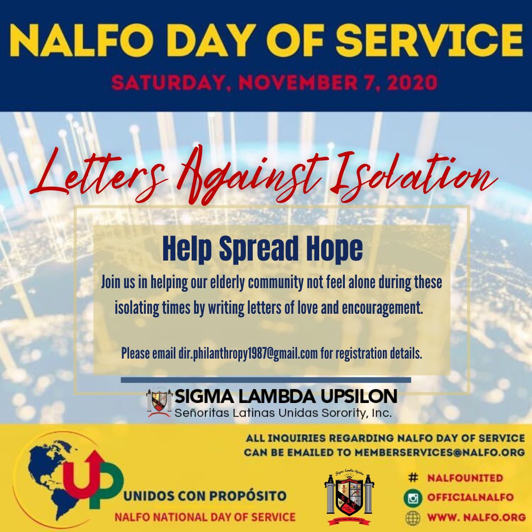 SLU1987's tweet image. We are excited to participate in @OfficialNALFO National Day of Service!
 
We are virtually partnering with Letters Against Isolation 💌 to write encouraging letters to the elderly in nursing home.

➡️ Sign up with the our #linkinbio! ❤️💛#ΣΛΥ #NDOS #Service