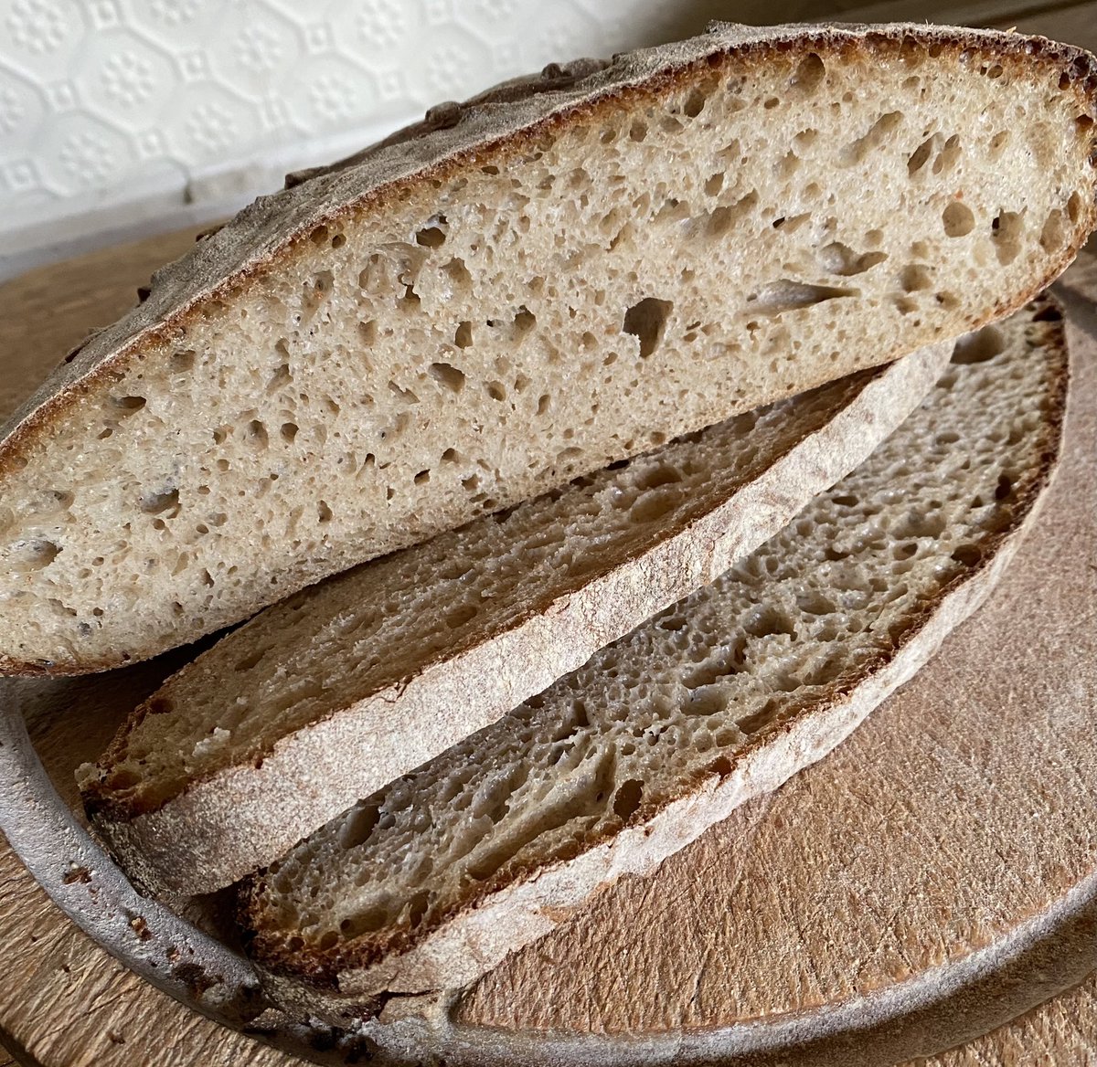 RonTabor7's tweet photo. Working on the perfect sourdough. This is a 68% hydration fine crust loaf made with a 100% rye mother and 20% Einkorn flour. I have found that maintaining a high temperature and thereby a shorter bake gives a finer crust. @Galvin_brothers @JeffGalvin1 @ShiptonMill https://t.co/qZwToegt05