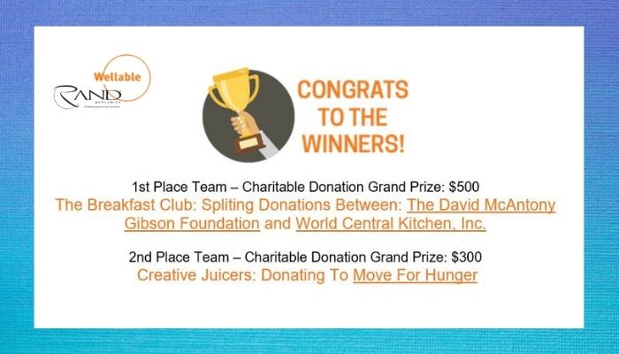 Throughout our “Wellness for a Cause” challenge, teams compete for donations to an organization of their choice. Congratulations to our 1st and 2nd place winners and THANK YOU for your hard work! We hope our efforts inspire you to make a positive change in your communities!
