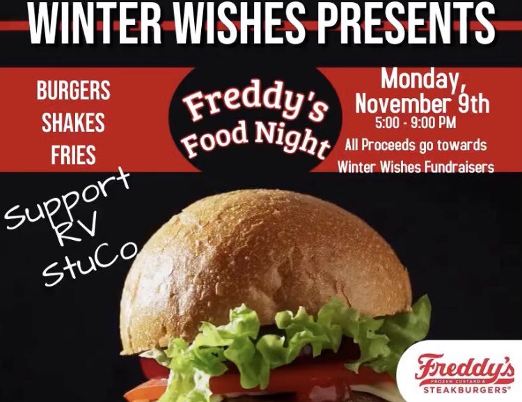 RidgeView_StuCo's tweet photo. It’s that time ⏱again!! Winter Wishes ❄️🥶Kickoffs Monday, November 9th with Freddy’s 🍔🍟🥤Spirit Night! Hope to see you all there! https://t.co/kkCpPCsyrI