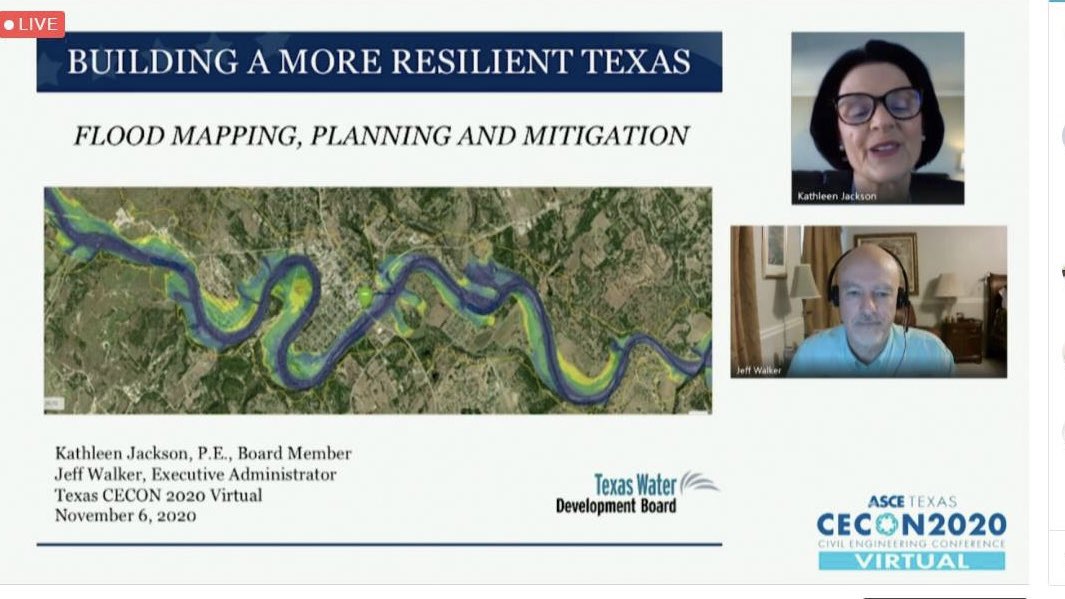 KJackson_TX's tweet photo. Thanks @TEXASCEtweets for inviting @twdb_Jeff &amp; I to provide the keynote today during CECON 2020 Virtual. Enjoyed talking about Building a More Resilient Texas: Flood Mapping, Planning and Mitigation. @twdb #CECON2020 #TexasCECON #TexASCE https://t.co/hy0pXadLBF