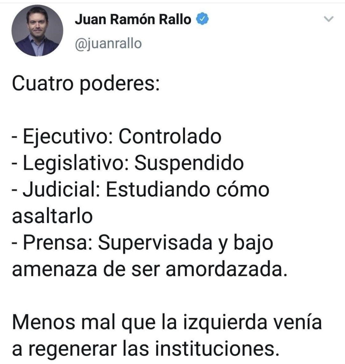 rosadiezglez's tweet photo. Lo has clavado @juanrallo . Vivimos un proceso de Involución democrática, un golpe de mano desde Moncloa. Hay que pararlo. https://t.co/StL9WXtCTa