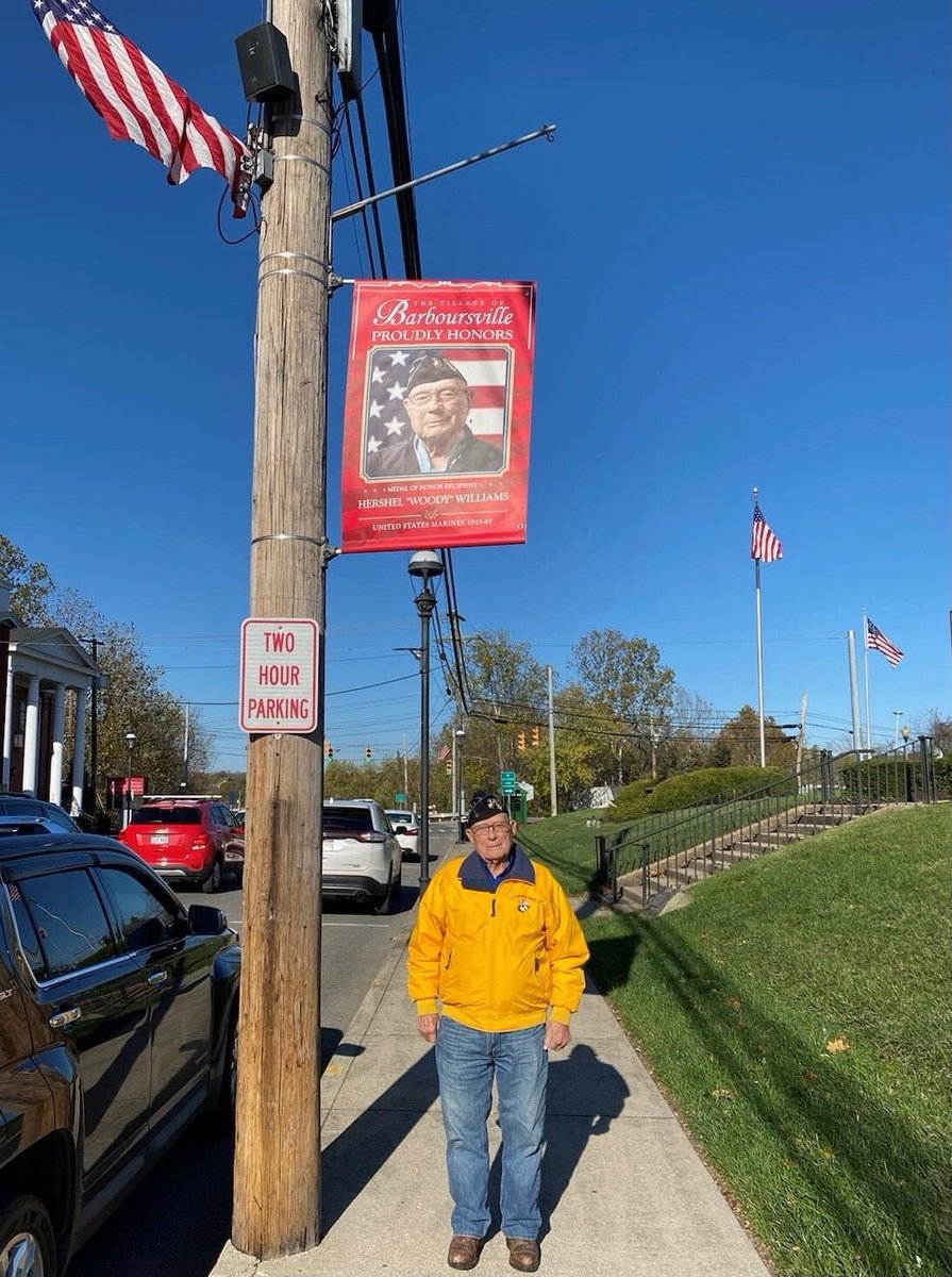 Hey <a href="/makersmark/">Maker's Mark</a>, Barboursville WV knows how to #MakeItRemarkable by honoring all its veterans with personalized signs hung throughout town! Here’s a pic from our Town’s FB page of Medal of Honor recipient <a href="/WoodyWilliams45/">Woody Williams</a> with his banner