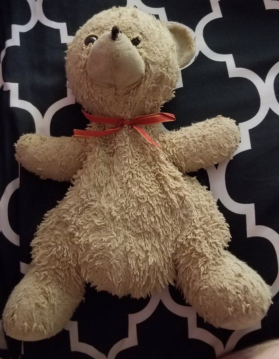 Teddy, 10000/10, had him since I was a baby and literally can't sleep without him. he's very well loved nd it shows but that's okay! I love him sm.