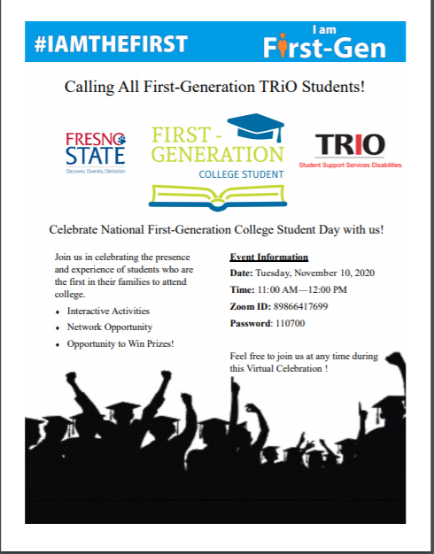 fs_sssd's tweet image. Dear TRIO SSS/D students! We will be having a First Generation Celebration November 10th from 11-12!! Join us!! First gen or not you are welcome! Come learn about your peers and TRIO staff who are first gen! There will be games &amp;amp; Prizes!! #triosssd #trioworks #IAmFirstGen