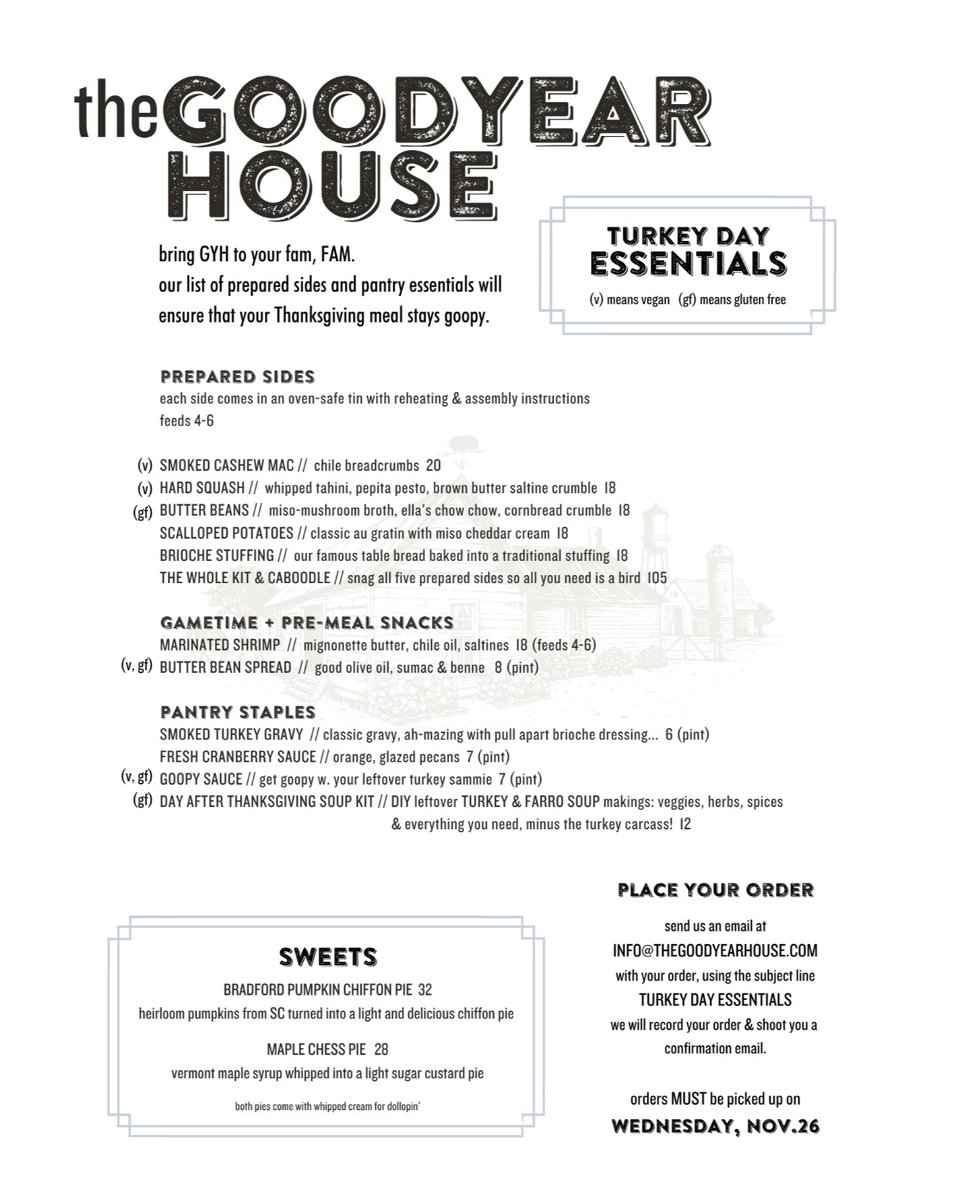 GYH FAM! Turkey Day is right around the corner, and we are excited to announce our Essentials menu of prepared sides, pantry staples, and pie! Take a look at the menu; pre-orders start on Monday the 9th and must be in by 8pm, Sunday the 22nd. #gobblegobble