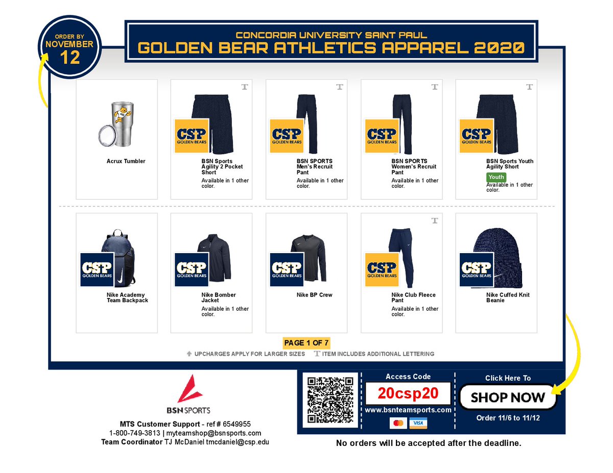 CSPBears's tweet photo. 🚨CSP Athletics Online Store🚨 
Looking to gear up with some CSP Golden Bears apparel?
Check out our newest online store from @BSNSPORTS and @BSNSPORTS_MN!
This sale ends 11/12/20, so hurry and place your order!
#BeGolden #WeAreCSP
https://t.co/ZCNPoEHryh https://t.co/CGs7ynlCRD