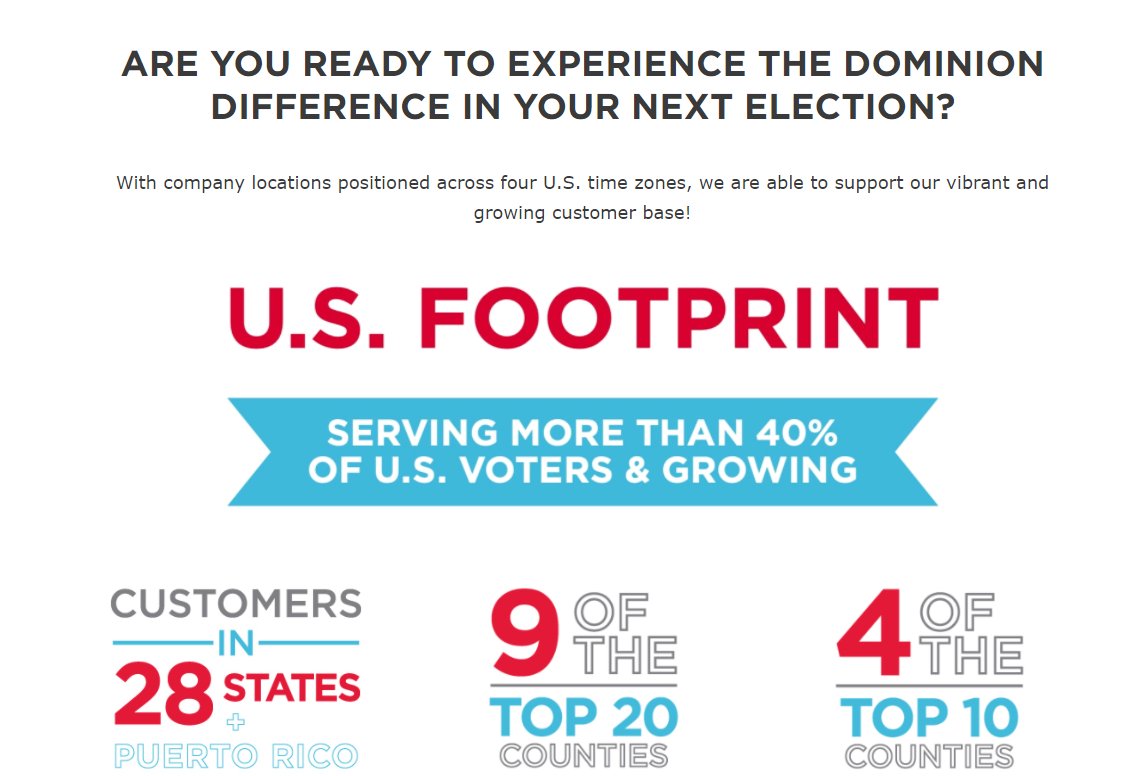 NetworksManager's tweet photo. The software company is Dominion Voting, their website is: https://t.co/4pgGOaOapp
They appear to be used in 28 US states including Georgia, Arizona, Nevada. We need a nationwide audit of #Election2020results, or at least where software used. Take a look from their website ππ»ππ»ππ» https://t.co/JUlS8q9aEc