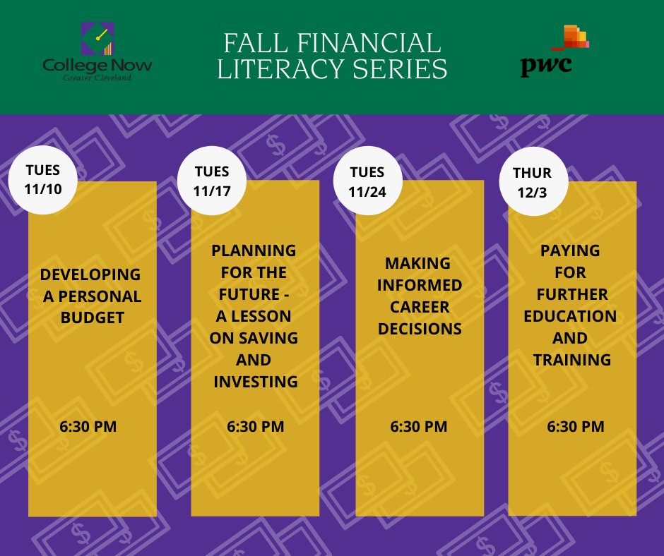 GearUp_Parma's tweet photo. Join College Now for a PwC Financial Literacy Series to help you plan and afford the life you want.  If you attend all 4 sessions, you are eligible for a large item in the GEAR UP Virtual Store. Register at https://t.co/GDIoqfXsLt 
#GEARUPworks https://t.co/YKgjQuDnfQ