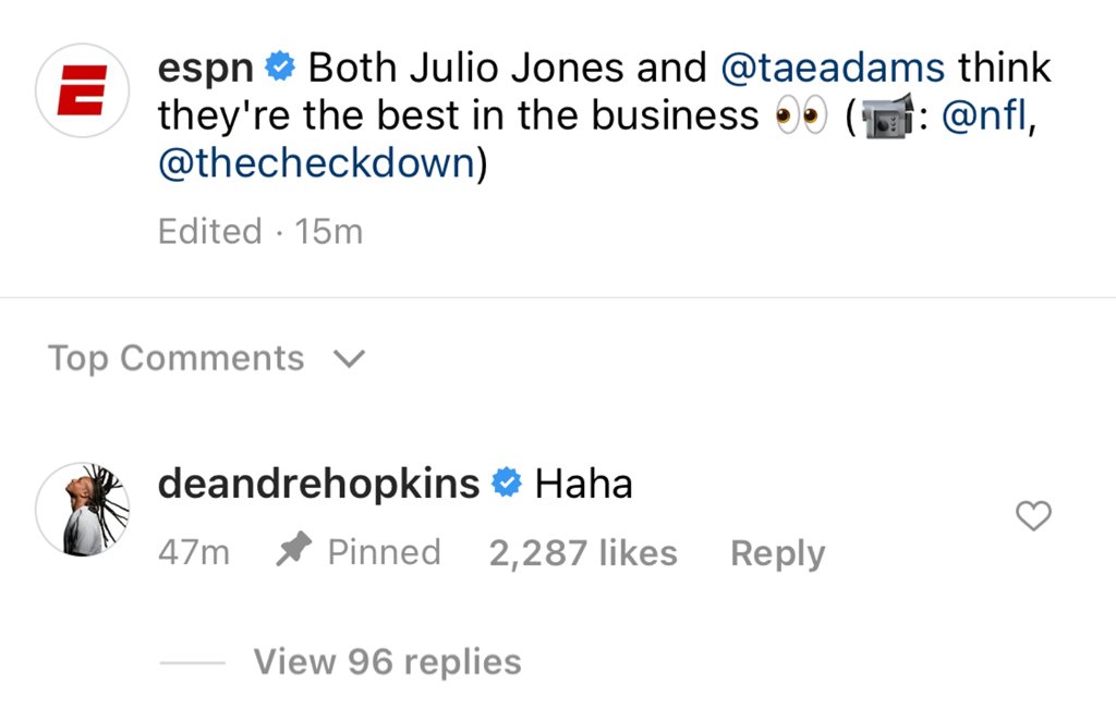 SportsCenter's tweet photo. Julio Jones and Davante Adams each recently claimed to be the best WR in the NFL.

That made @DeAndreHopkins laugh: https://t.co/yPpJG12nZq