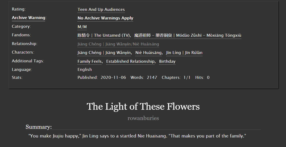 rowanburies's tweet photo. The Light of These Flowers (#sangcheng fic, 2.1k words, T rated)

Written for the @sc_zine 💚💜

🌸 Family feels
🌸 sangcheng married and have a nephew!
🌸 Huaisang wearing Zidian 🐍⚡

https://t.co/zjBstCHPJy https://t.co/uG7VRBMnth