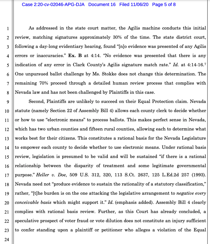 3) They note they already defeated a state court challenge to using a computer to check some ballot signatures, and NV law gives counties flexibility to decide if they want to use a machine. As for observing, they argue they'd already increased access per the state court case