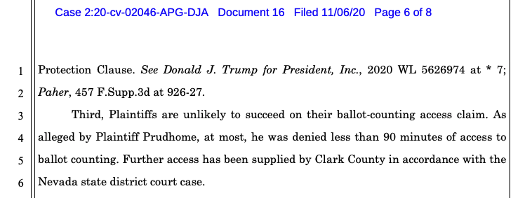 3) They note they already defeated a state court challenge to using a computer to check some ballot signatures, and NV law gives counties flexibility to decide if they want to use a machine. As for observing, they argue they'd already increased access per the state court case