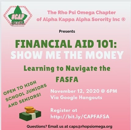 rhopsiomega's tweet photo. Now is the best time to start thinking about financial aid and scholarships for college. Join us as we breakdown the requirements and beat practices for navigating FASFA submissions. 

Register at: https://t.co/rS5Pnd15Ow

#MidAtlanticAKA
#RPO
#AKA1908
#capsules https://t.co/UKlFT1GJNZ