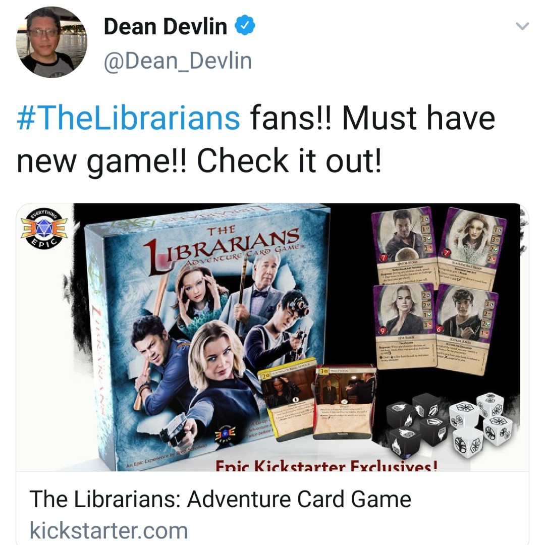 EverythingEpic_'s tweet photo. #TheLibrarian Fans, the legendary @Dean_Devlin on #Twitter says its a must have! 📚😍🎉Check it out now on #Kickstarter! Very Epic! Thank you! #@LibrariansTNT @ElectricEnt1 #BoardGame #Adventure #CardGame #TableTopGaming #SaveTheWorld #TwiceBeforeFriday 🤗
https://t.co/aY8XuS0gRq https://t.co/NAefZmcJ2W