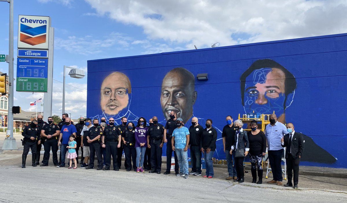 At 525 W Main St, you’ll find a mural in progress of our fallen GPPD brothers. The unveiling is so the families can see this art created by Juan Velasquez, and funded by <a href="/gp_tx/">City of Grand Prairie, TX</a>. From left to right is Ofc. Castañeda, Sgt. Hunter, and Ofc. King. #commUNITY, thank you!