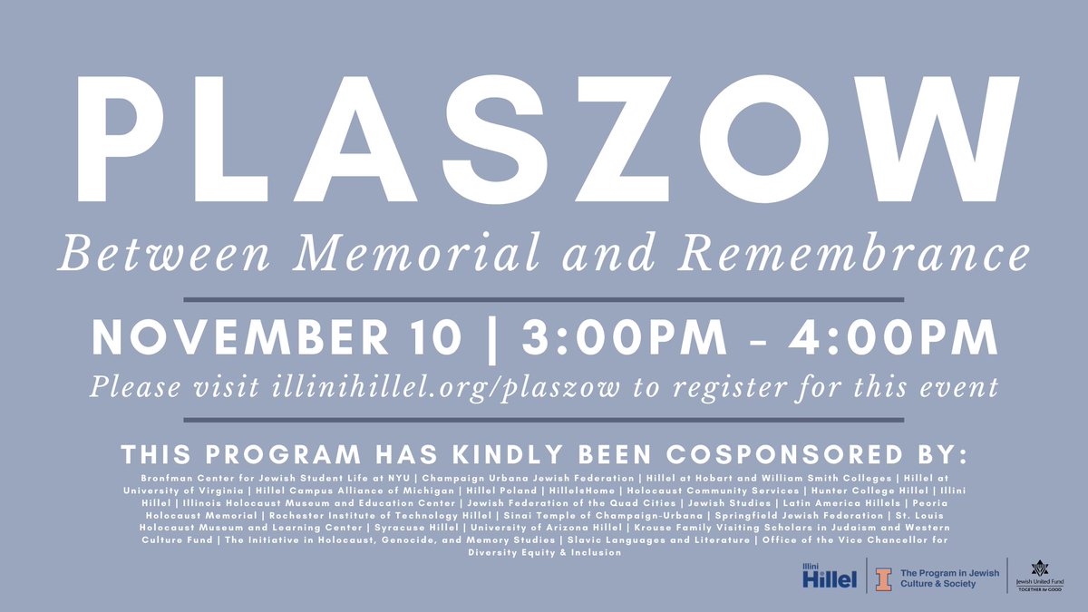 How much do you know about Plaszow, the forgotten Holocaust concentration camp? On 11/10, join <a href="/IlliniHillel/">Illini Hillel</a>, archaeologist Kamil Karski &amp;historian Karlina Ozog as they uncover stories from Jewish prisoners &amp; commemorate the atrocities that happened there.
illinihillel.org/plaszow