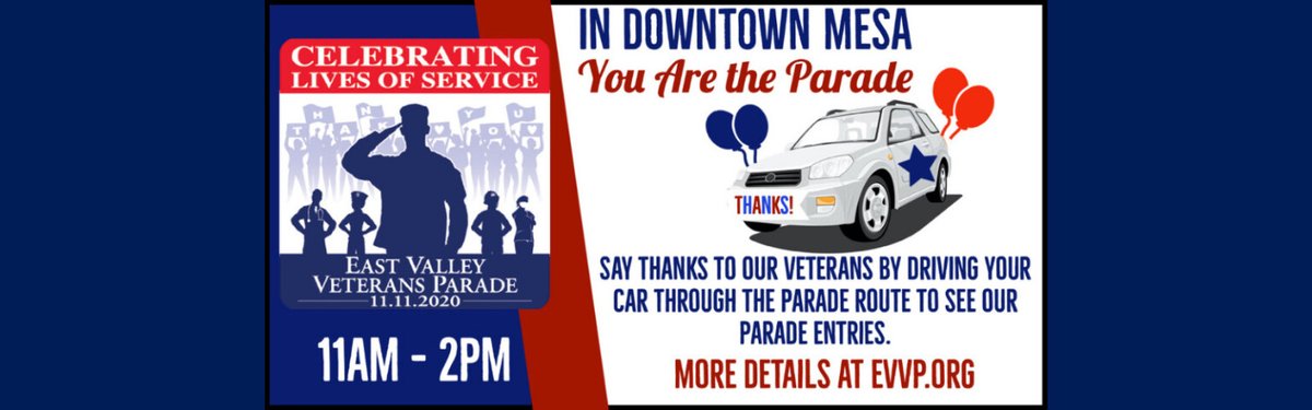 DowntownMesa's tweet photo. The annual East Valley Veterans Parade will take place in a new “reverse” format from 11 am-2pm. This year, you are the parade! Grab the family, decorate the car, and head to Downtown Mesa at University and Center.
#2020EVVP #celebratinglivesofservice https://t.co/gKbVyfYB3T