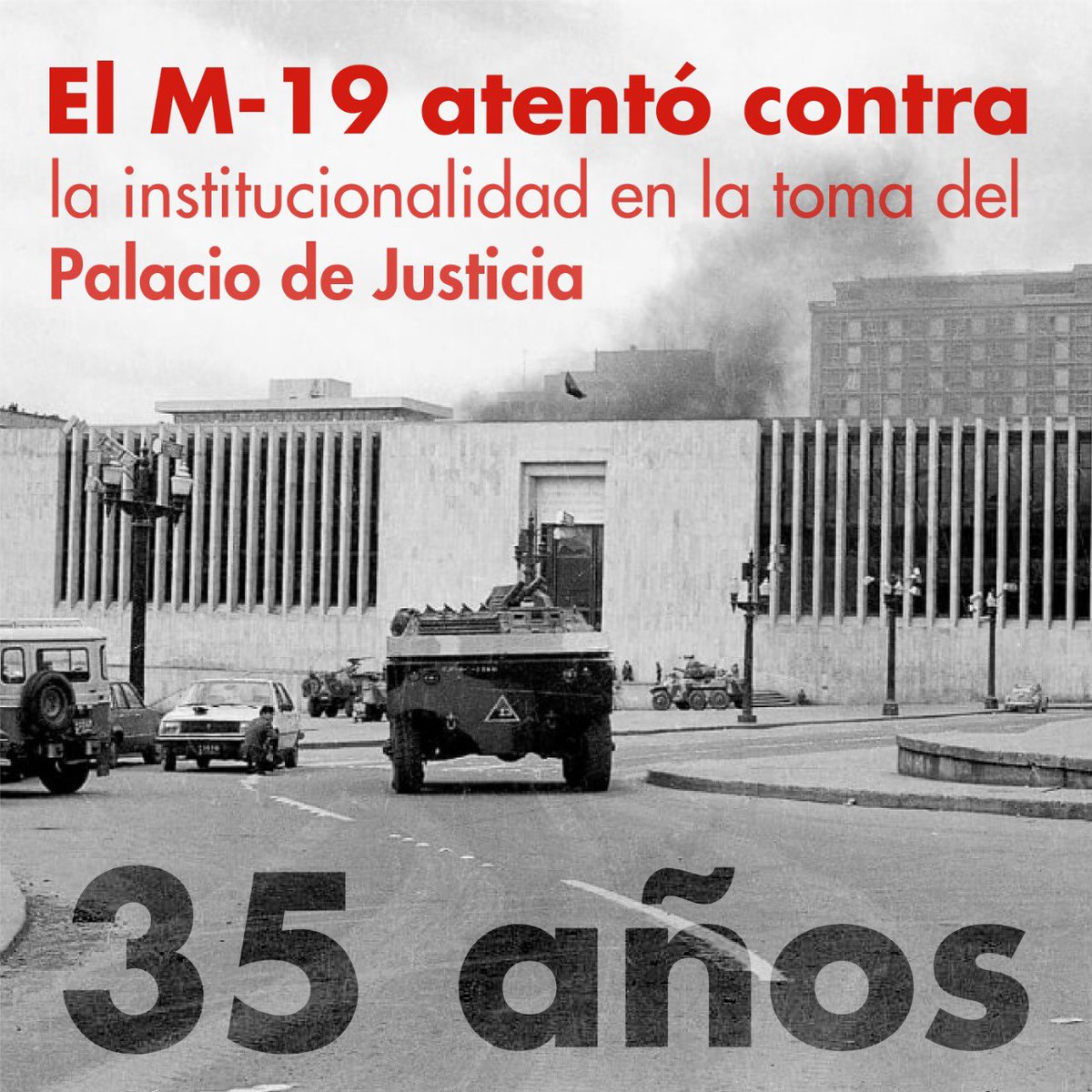 CeDemocratico's tweet photo. Hace 35 años, alrededor de las 11:00a.m., un grupo de guerrilleros del M-19 se tomó el Palacio de Justicia, acabando con la vida de 98 inocentes. https://t.co/d0CAw3B7ZJ