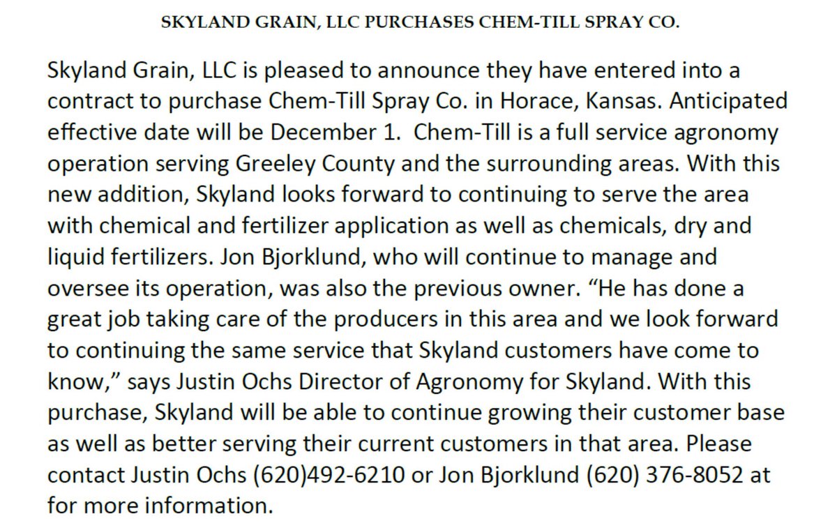 Skyland Grain is pleased to announce they have entered into a contract to purchase Chem-Till Spray Co. in Horace, KS. See the press release below for more information!