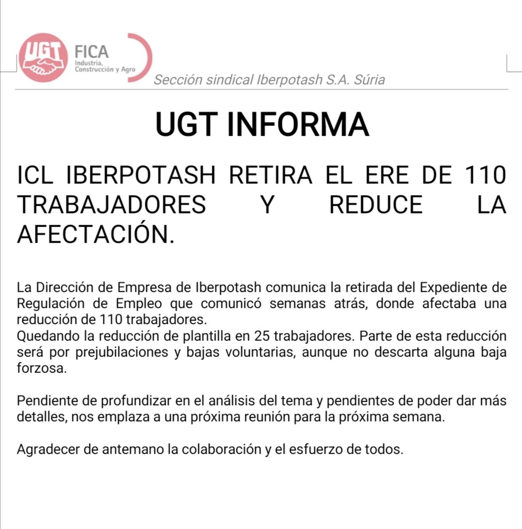 MineriaUgt's tweet photo. La empresa minera #iberpotash #ICL retira el ERE. https://t.co/NdgNs1TXHZ