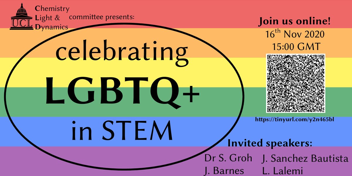 CldSeminars's tweet photo. Save the date and join our series of short talks to celebrate #LGBTQSTEMDay at 3pm Monday 16th November!
All humans welcome. Pets also welcome but must have camera on...please, we all need this right now #prideinSTEM #OutatUCL #FriendsofOutatUCL https://t.co/6dL4fiAQ42