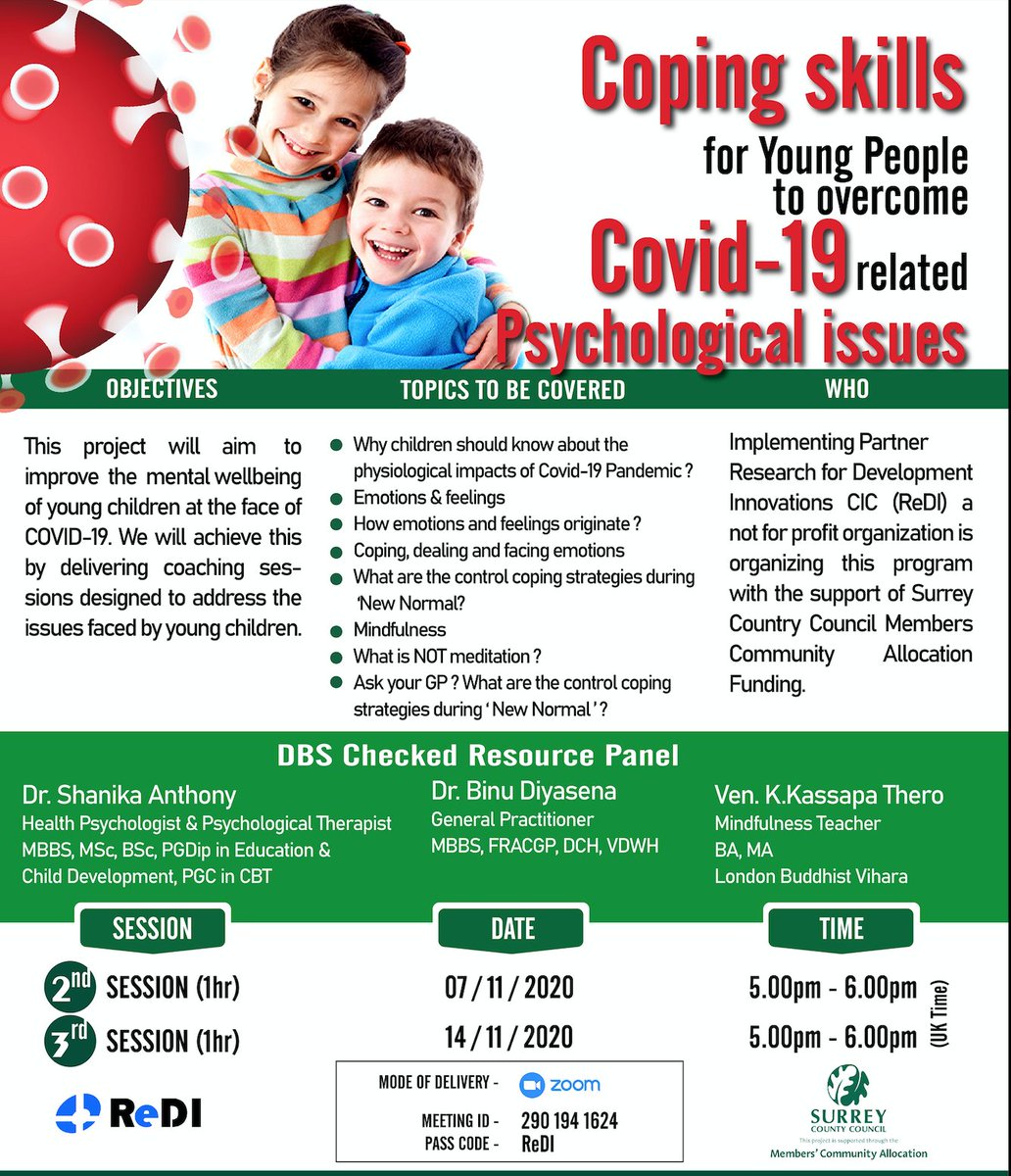 ReDiUKSL's tweet photo. Virtual Coaching Program on Skills for Young Children to Cope with COVID19 related Psychological Issues
Time: Nov 7, 2020 05:00 PM London
Join Zoom Meeting
https://t.co/kRyNcTSrTa...
@SpelthorneJC #CountyMCA #SurreyMCA @buddhi_w @Swarnamaliabey https://t.co/9GjeoSf6l0