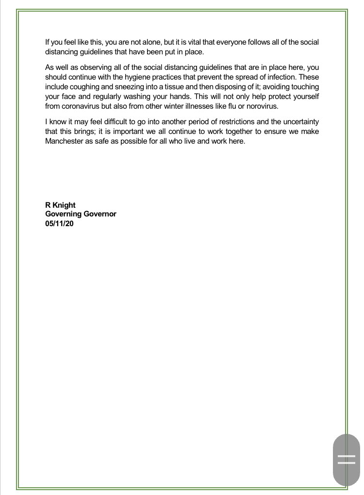 Please see notice that our residents received this week outlining the impact of the latest national lockdown. We are grateful for all the support and cooperation at this difficult time.