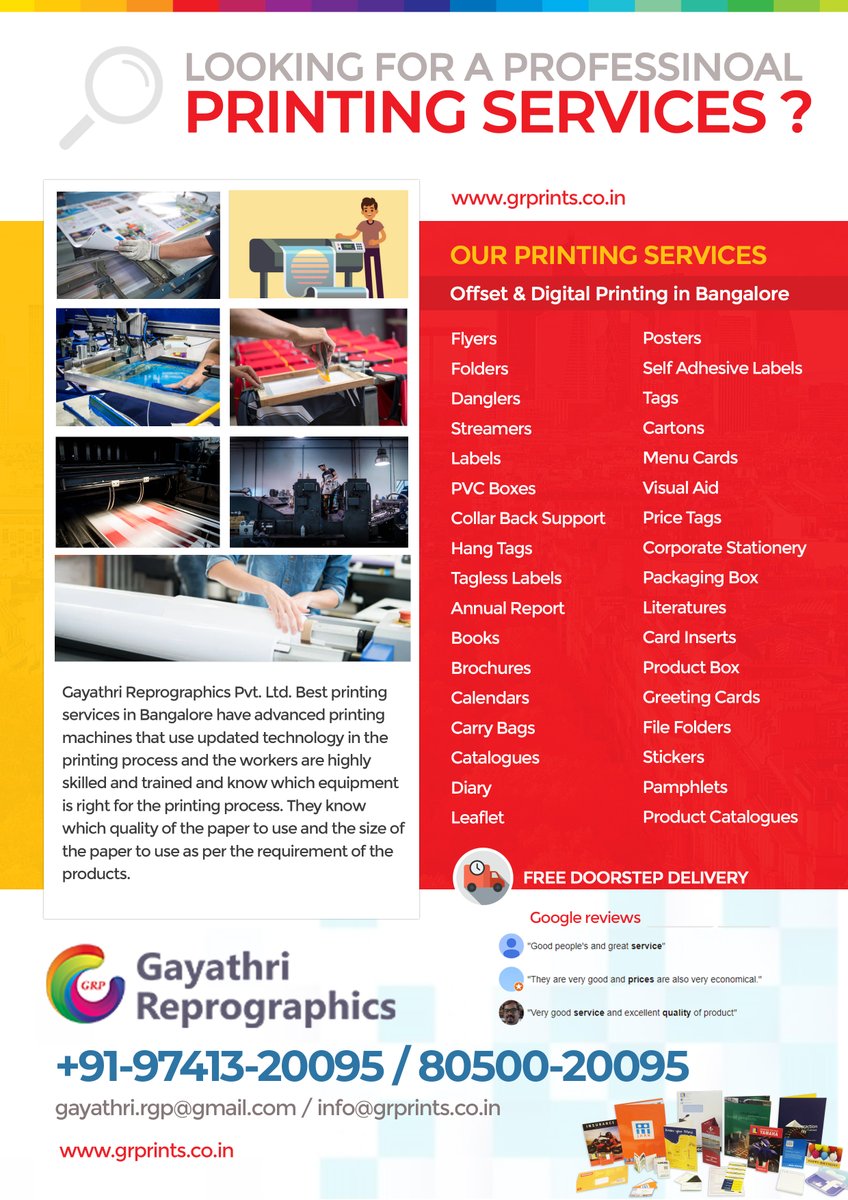 GReprographics's tweet image. Offset &amp;amp; Digital Printing Services Bangalore
Free Doorstep Delivery 🚛
grprints.co.in
Call us: +91-97413-20095 / 80500-20095
Flyers \ Folders \ Danglers \ Streamers \ Labels \ PVC Boxes \ Collar Back Support \ Hang Tags \ Tagless Labels \ Annual Report \ Books \ Brochure