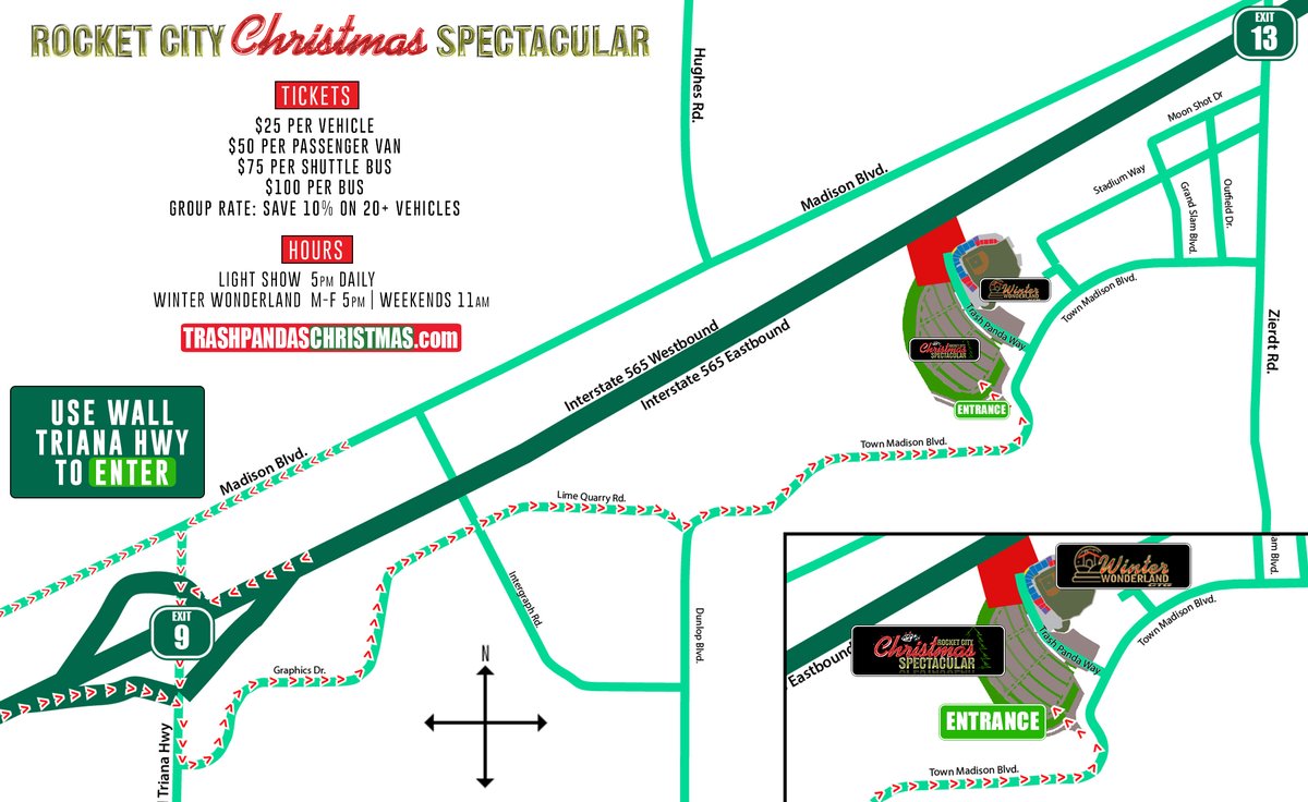 trashpandas's tweet photo. The Rocket City Christmas Spectacular starts in ONE WEEK! 🎄

The brilliant drive-thru light show will take place each night for $25 per car! Afterwards, guests can park + enter the Winter Wonderland presented by CTG at no additional cost!

Check out the map below for directions! https://t.co/znOnJ6JSU8