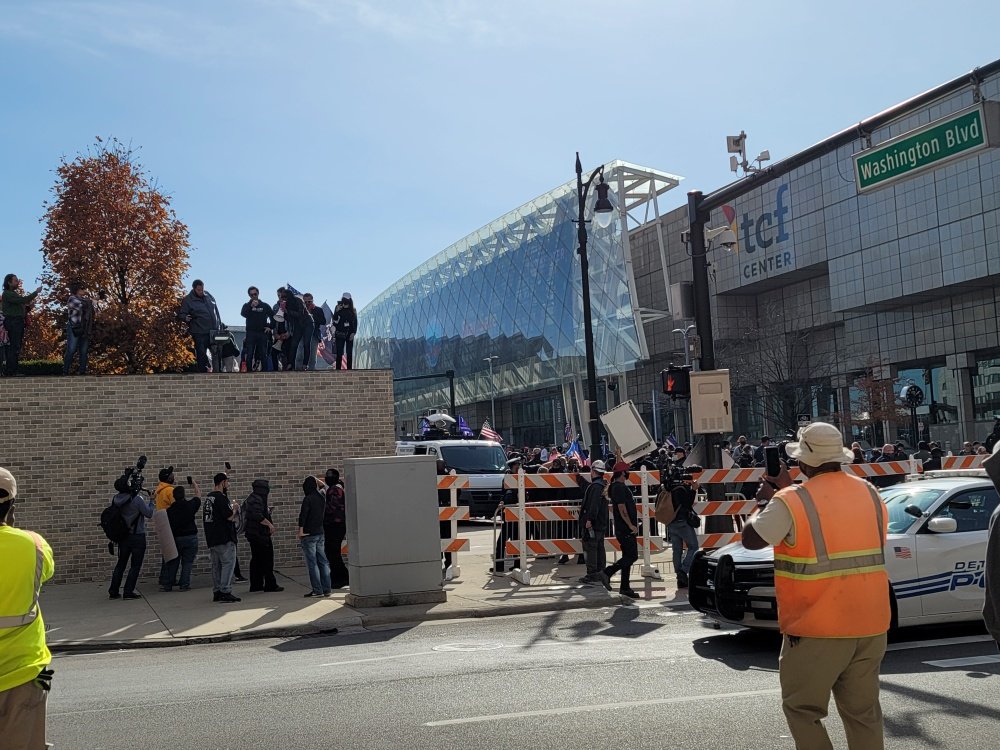 Linda9180's tweet image. The hubsters is working downtown right now and it's still a total shit show at the #tcfcenter in #Detroit. #Election2020