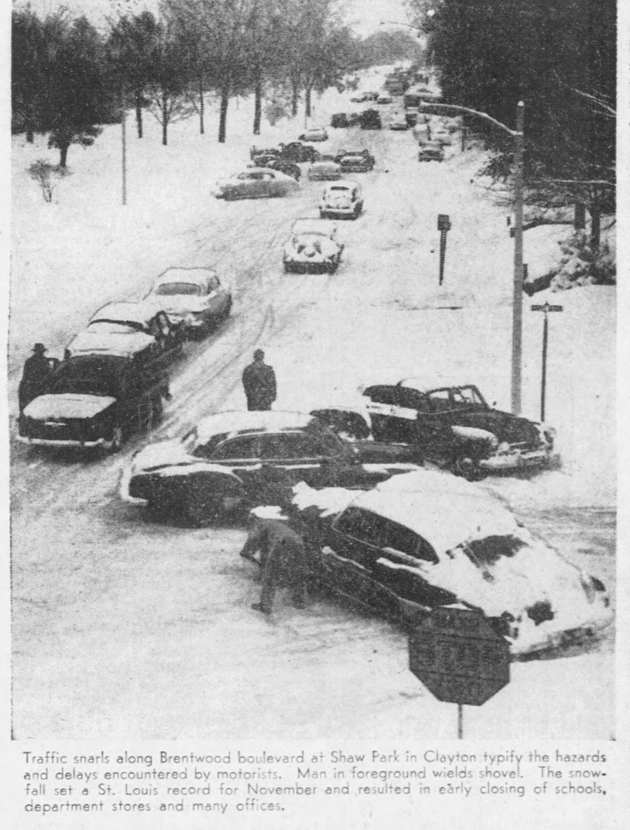 STLyesterday's tweet photo. On Nov. 6, 1951, St. Louis was crippled by a 12-inch snowfall, the greatest in a 24-hour the city had seen in 39 years. The snow shut down public transportation and left four people dead, buried under the snow. https://t.co/gBWMFS0TTR https://t.co/tvhyrNJIb0