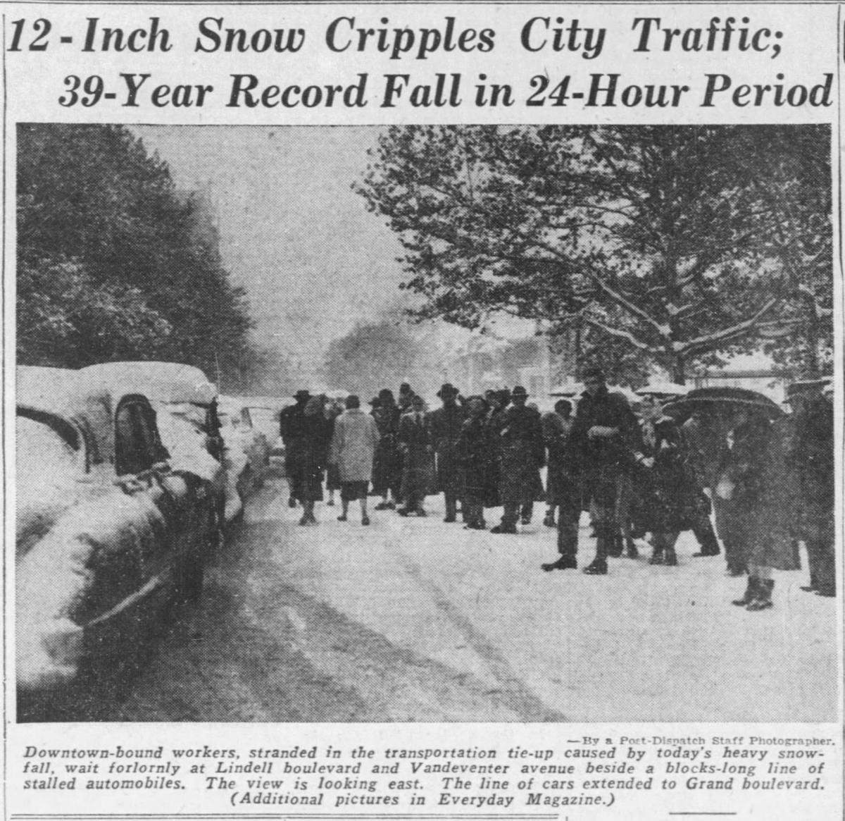 STLyesterday's tweet photo. On Nov. 6, 1951, St. Louis was crippled by a 12-inch snowfall, the greatest in a 24-hour the city had seen in 39 years. The snow shut down public transportation and left four people dead, buried under the snow. https://t.co/gBWMFS0TTR https://t.co/tvhyrNJIb0