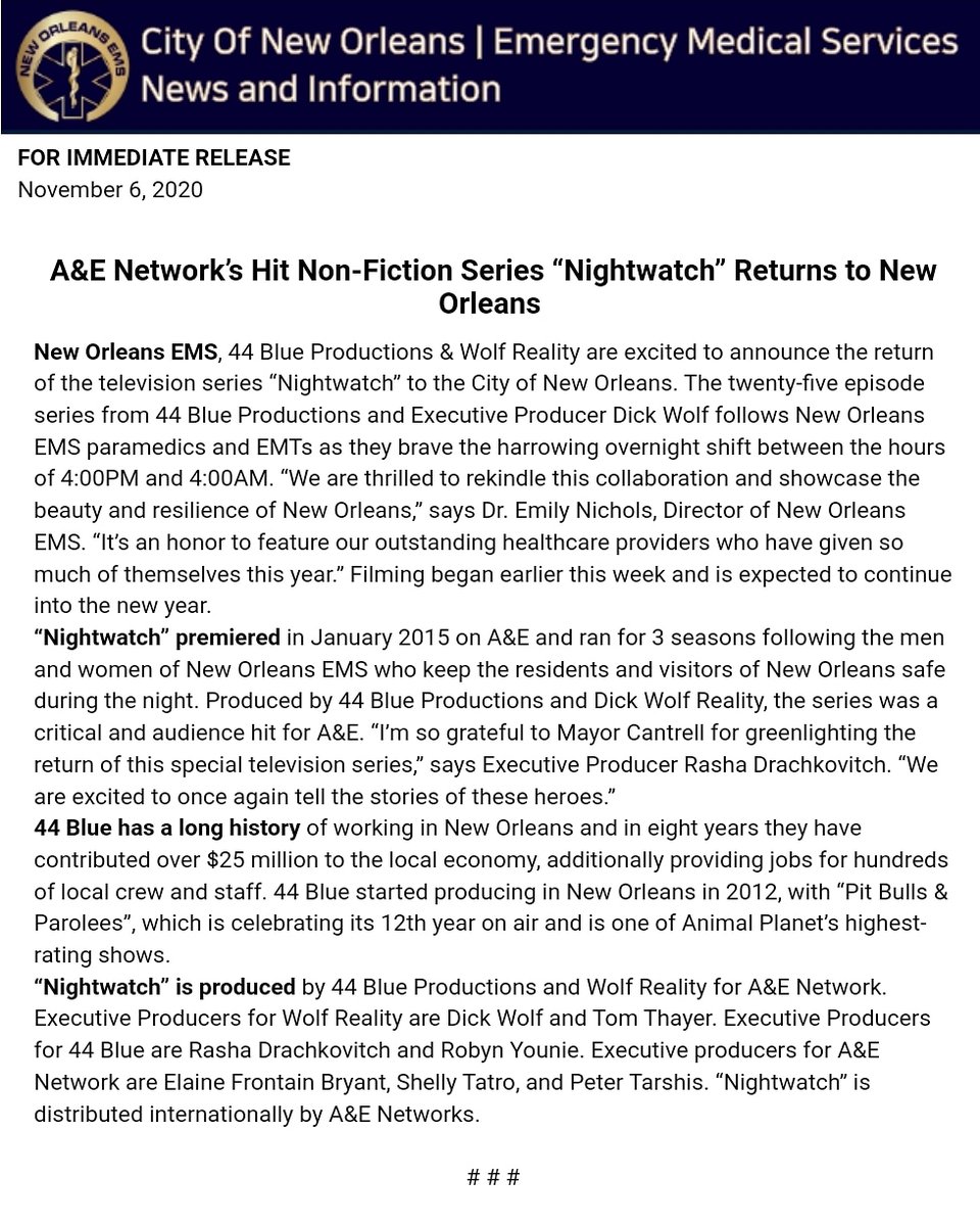 NewOrleansEMS's tweet photo. 🚑 BIG ANNOUNCEMENT 🚑
#NIGHTWATCH is coming back!
@CityOfNOLA @44blue @AETV https://t.co/3NvSQpMXrq
