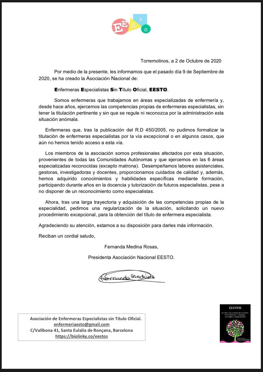 Carta de presentación de la Asociación nacional EESTO
<a href="/guillermocasin/">Gc</a>
<a href="/RubnMera/">Rubén Mera</a>
@enfsment
<a href="/julenda3/">Yolanda Campos</a>
<a href="/alborinistica/">Marta</a>
@treyi64
@BegoHoyas
<a href="/ToniEscobar13/">Toni Escobar</a>
<a href="/saramaguiano/">juan antonio</a>
<a href="/pep_dui/">Pep</a>
<a href="/AngiGarchi/">Angi Garchi</a>
<a href="/fernanda_medro/">Fernanda Medina Rosas</a>
<a href="/TesakulaCarmen/">Carmen</a>
<a href="/Leoenfermera/">Leonor</a>
<a href="/Mlgenfermera/">Mlg</a>