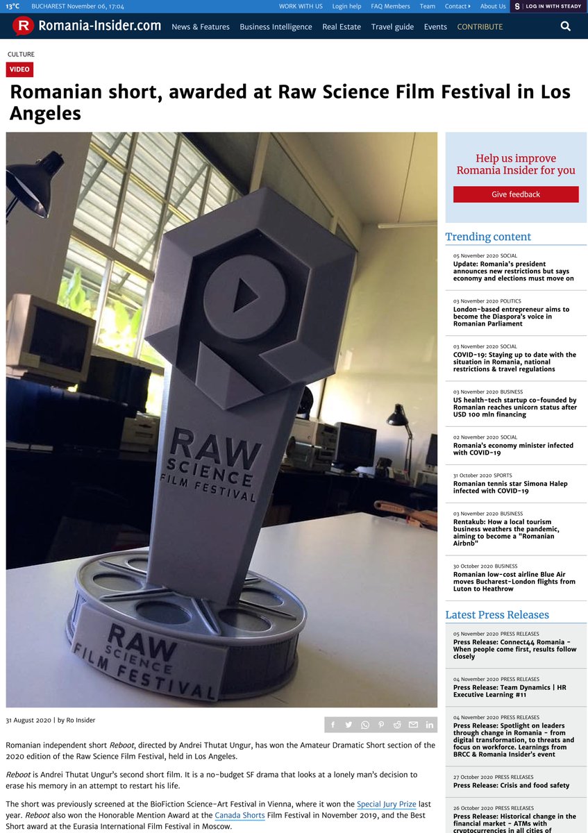 thutat's tweet photo. An article by “Romania Insider” about the independent short movie, “Reboot”, and the Los Angeles based festival award - https://t.co/AGfI0CALaL 

Thank you for the recognition and honor offered by the publication of this news, to all those involved!

#RebootShortMovie #RSFF2020 https://t.co/mlDPIZ5Kdy