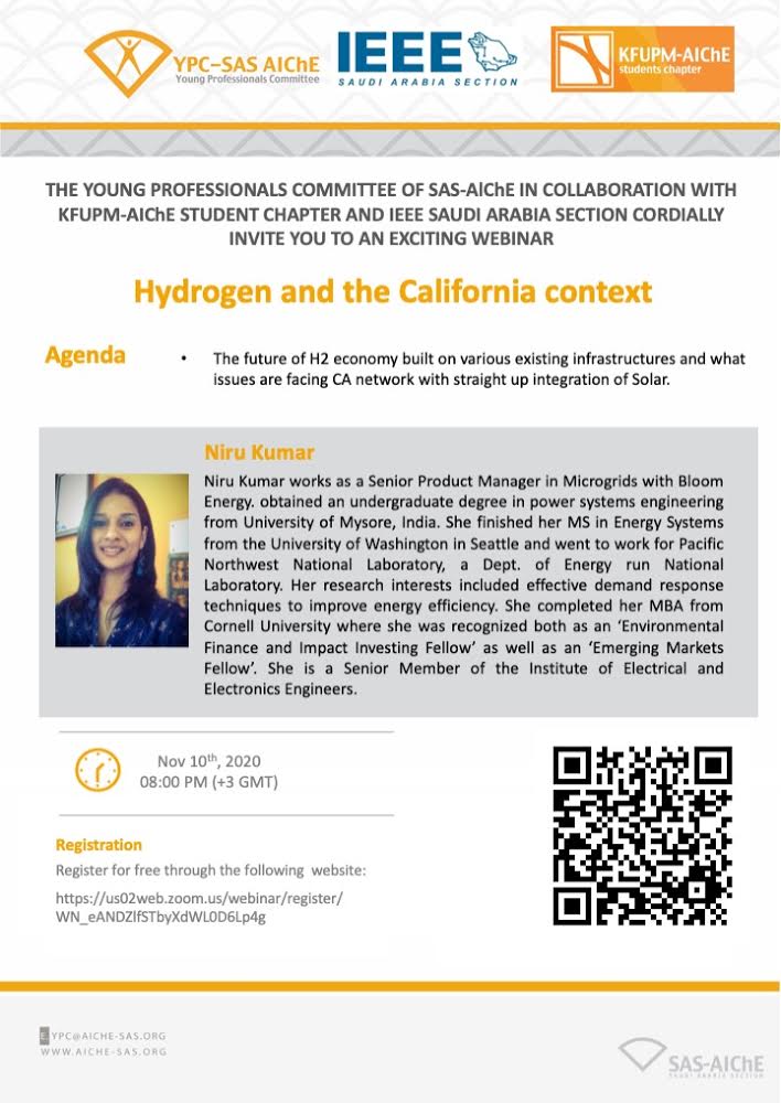 AIChE_Saudi's tweet photo. The Young Professionals Committee of SAS-AIChE in collaboration with and KFUPM-AIChE students chapter and IEEE saudi section is inviting you to attend an exiting webinar "Hydrogen and the California context” https://t.co/gVgj6jbHKN
