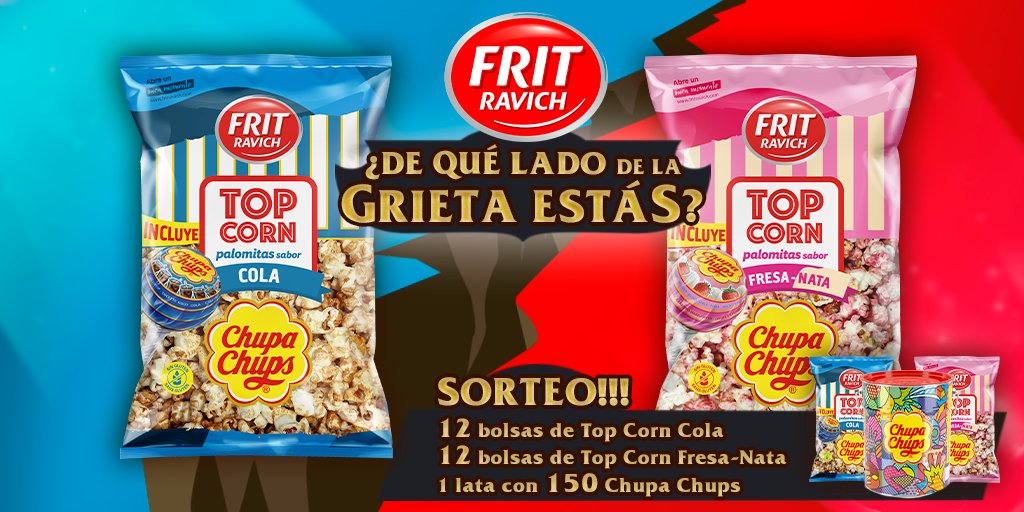 Esportmaniacos's tweet photo. La gran batalla de Cola🥤vs FresaNata🍓 se disputa en la grieta
Y tú, ¿De qué lado estás?
Responde y gana un lote exclusivo de #TopCorn de @frit_ravich y una lata de 150 @ChupaChups_esp.
➡️Sigue a @frit_ravich
🔄 Dale RT
⬇️Comenta tu favorito #TeamFresaNata o #TeamCola https://t.co/VvBQfHD2CK