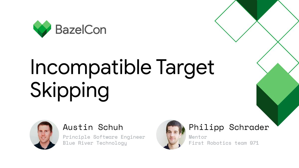 👷"Bazel test" all the things!

Join <a href="/team971/">Spartan Robotics</a> mentors, Austin and Phillip, for a quick overview of platforms and toolchains, the new target_compatible_with argument, and learn how to interface with them in your builds. #bazelcon

Tune in on November 13 → goo.gle/bazelcon