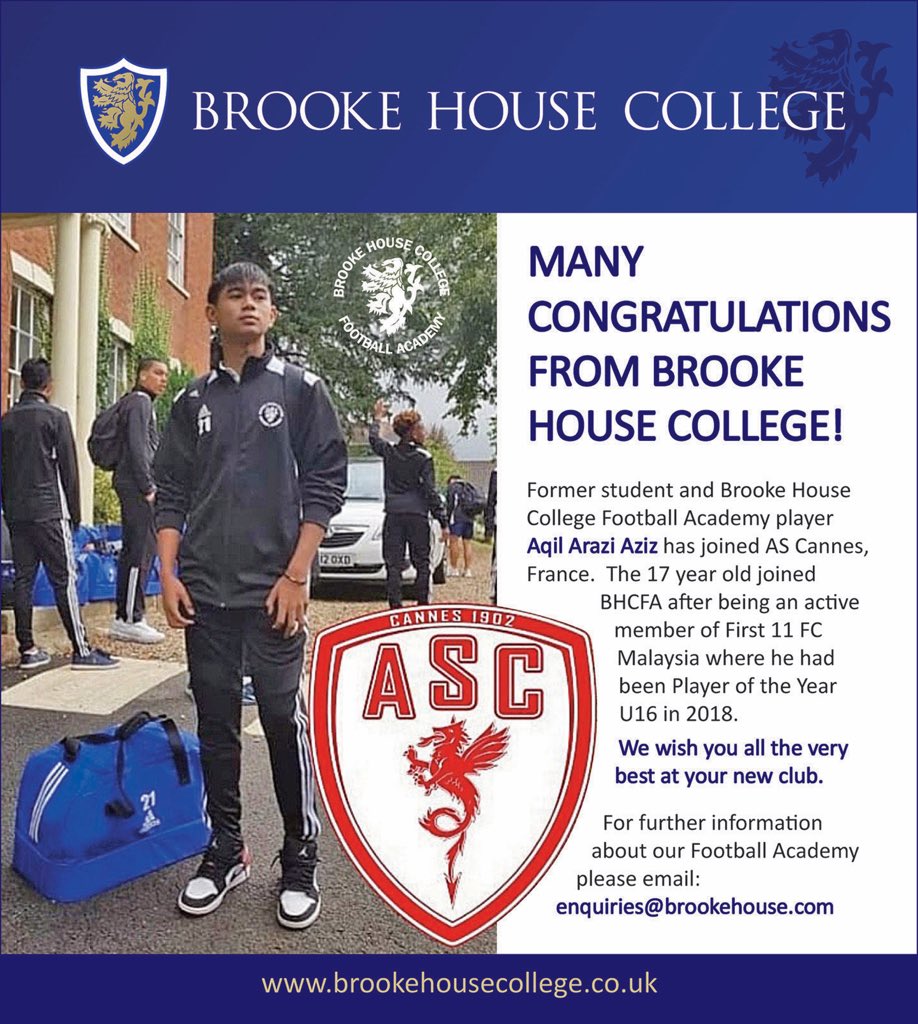 BrookeHouseCol's tweet photo. Former student and BHCFA player Aqil Arazi Aziz has joined @ASCannes1902, France. The 17 year old joined BHCFA after being an active member of First 11 FC Malaysia where he had been Player of the YearU16 in 2018.
#First11FC #GB8Education https://t.co/kLz2vnHuNY