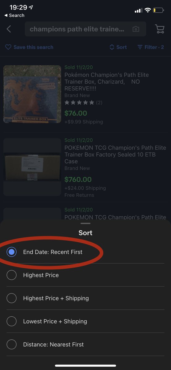 After you've closed the filter tab click on the "sort" button.Sort the items by End Date: Recent FirstThis is very important as most items will decrease in value after a slew of listings pop up.Sellers will "race to the bottom" so you need to be aware of the current value.