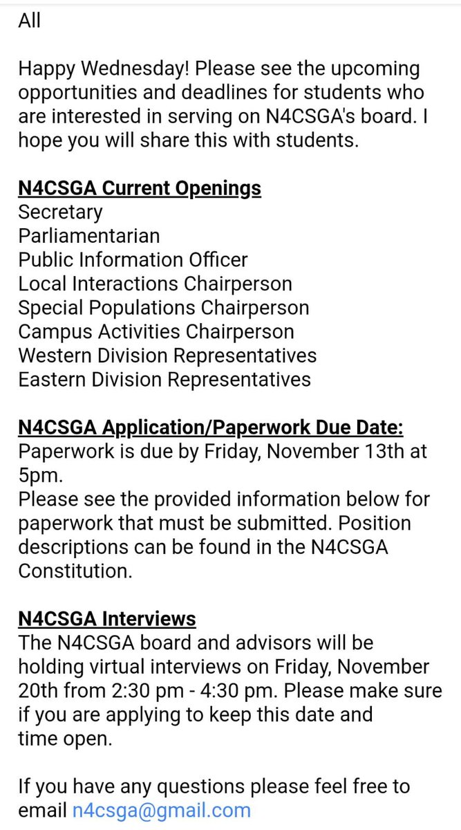 N4CSGA's tweet photo. Good afternoon everyone! Are you interested in running for a position on the N4CSGA board? We have several positions open that need filling. If you are interested, contact your advisors for more information. Paperwork is due Friday the 13th. Hope to see you there! https://t.co/nYtAv04Lsr
