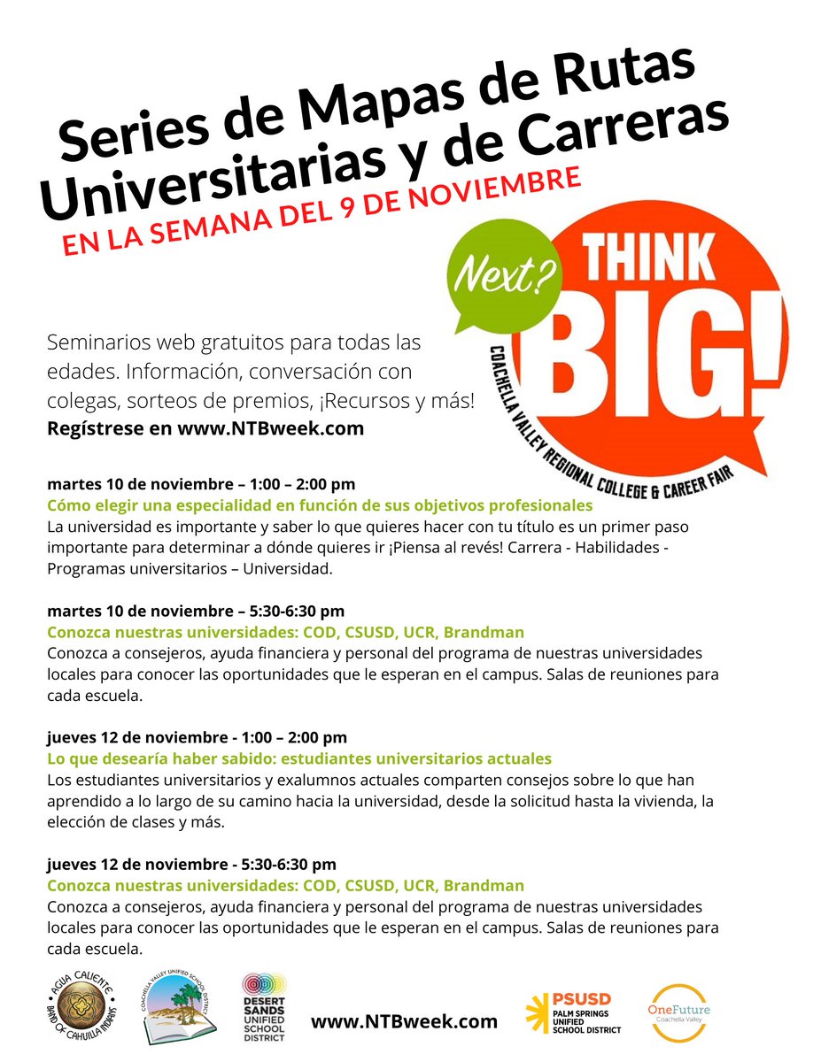 CollegeCareerDS's tweet photo. Seminarios web gratuitos para todas las edades. Información, conversación con colegas, sorteos de premios, ¡Recursos y más!Regístrese en https://t.co/DXjb92uH7V #College #Career #CollegeFair #Careerfair #NextThinkBig #Virtual #CollegeKickoffDS https://t.co/LsGwoOwT45