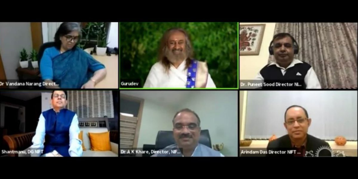 Gurudev's tweet photo. There is nothing wrong in aspiring for materialistic growth as long as you don't ignore sincerity, integrity and compassion. Interacted with NIFT Directors, staff and students. https://t.co/2NPwV3mP4K