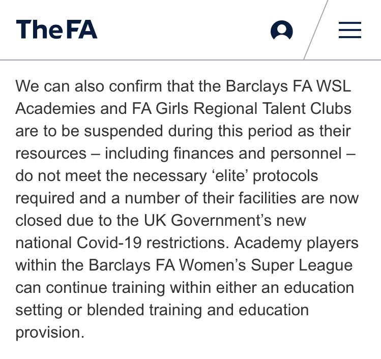 molly_mcelwee's tweet photo. FA latest reconfirms boys’ academy level (15+) is allowed to continue based on the them being classed as “elite” and some educational exemptions for boys’ RTCs. Meanwhile all girls’ academy/RTC are not exempt as “their resources” do not qualify as elite. Story to follow https://t.co/m9o2QHdjhy