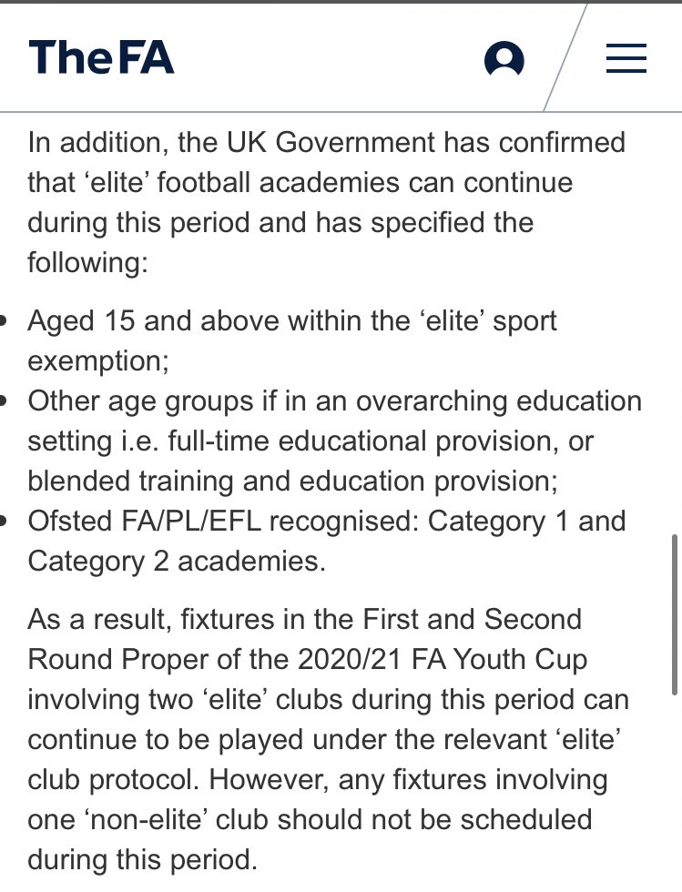 molly_mcelwee's tweet photo. FA latest reconfirms boys’ academy level (15+) is allowed to continue based on the them being classed as “elite” and some educational exemptions for boys’ RTCs. Meanwhile all girls’ academy/RTC are not exempt as “their resources” do not qualify as elite. Story to follow https://t.co/m9o2QHdjhy