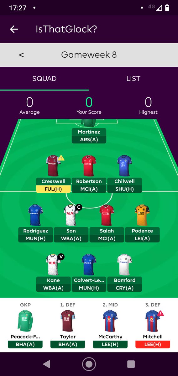 Gw8 fpl teamAs usual I want to roll a transfer but too many injuries and Saiss being dropped means I've had to make changes.Took a -4 to bring in Creswell and Bamford for Saiss and Ings. Hate taking a hit but sometimes your hand is forced.