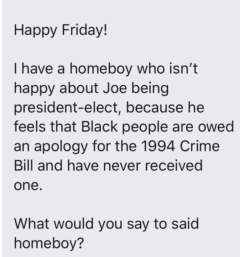 I've talked before about us (all of us) talking about things we want to see from pols or candidates that actually happened or have been addressed. Ppl talking about Biden/Harris not having a plan addressing Black needs was one. This is another. He apologized last year.