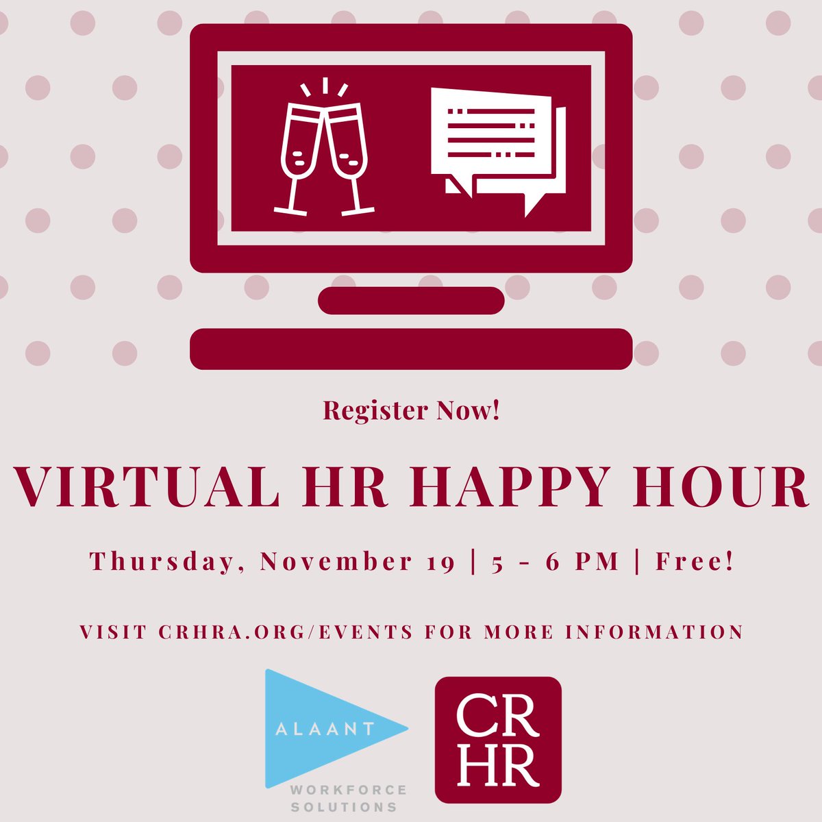 Join @AlaantWFS &amp; <a href="/CRHRA/">CRHRA</a> on for a ”How’s it Going?" HR Happy Hour! Let’s share how we are doing, best practices that have worked for you, your HR team, and company during these challenging times while toasting our resilience!
 crhra.org/index.php?opti…